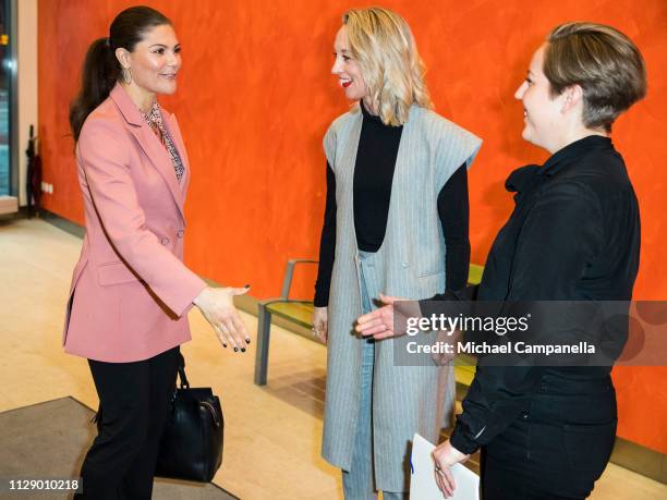 Crown Princess Victoria Of Sweden visits the Swedish office's of Google and is greeted by Google Sweden CEO Anna Wikland on March 7, 2019 in...