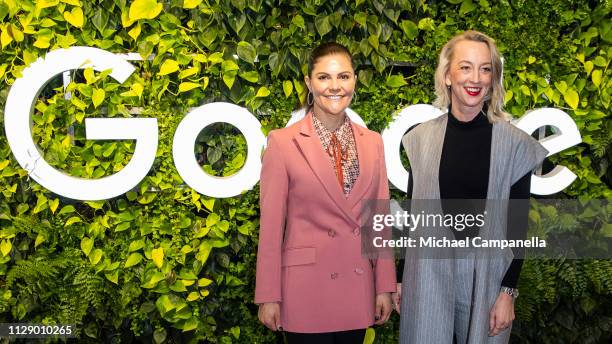 Crown Princess Victoria Of Sweden visits the Swedish office's of Google and is greeted by Google Sweden CEO Anna Wikland on March 7, 2019 in...