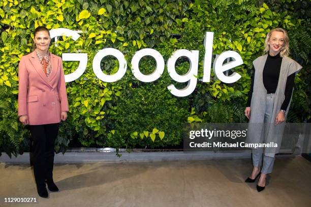 Crown Princess Victoria Of Sweden visits the Swedish office's of Google and is greeted by Google Sweden CEO Anna Wikland on March 7, 2019 in...