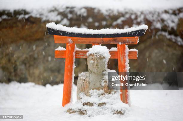 snowy day in japanese garden. - torii gates photos et images de collection