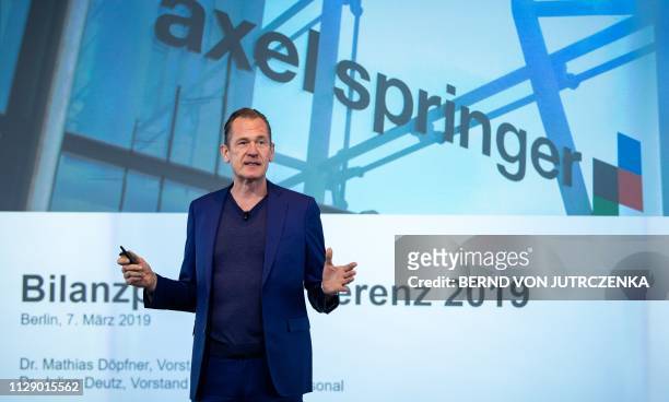 Mathias Doepfner, chairman of German news publisher Axel Springer, speaks during his company's annual press conference on March 7, 2019 at the Axel...
