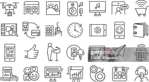 set of digital icons  flat simple outline line art design icon large set - graphics tablet stock illustrations