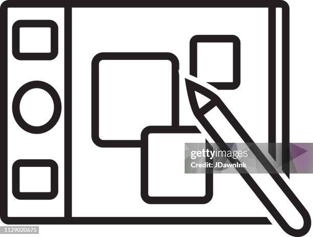 pen with tablet flat simple outline line art design icon - random selection icon stock illustrations