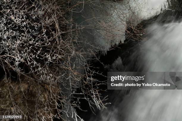 fog ice and waterfall flow - 一月 stockfoto's en -beelden