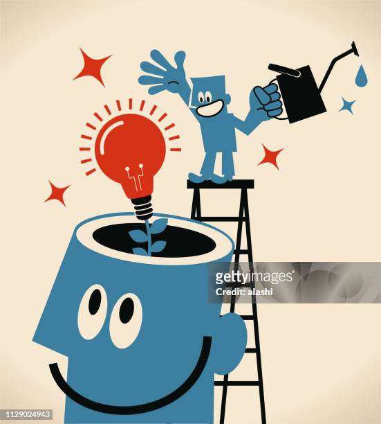 smiling man on top of ladder watering an idea light bulb growing from giant man open head - changing lightbulb stock illustrations