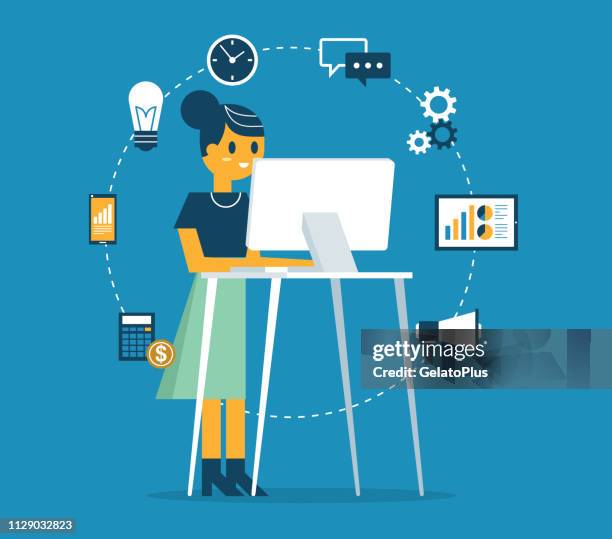 ilustrações de stock, clip art, desenhos animados e ícones de standing office - businesswoman - business woman desk stand