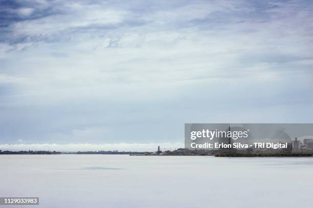 extensive river on a cloudy day with a city skyline and archipelago brown water - plano de fundo 個照片及圖片檔