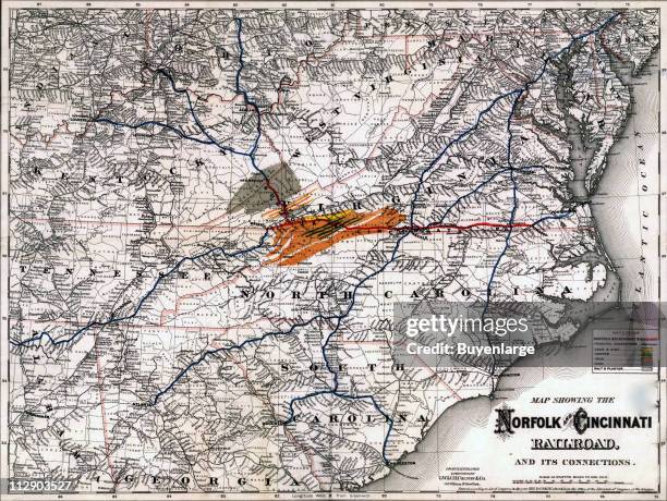 Map of the routes travelled by the Norfolk and Cincinnati Railroad Company, 1882. Illustration by G.W. & C.B. Colton Company.