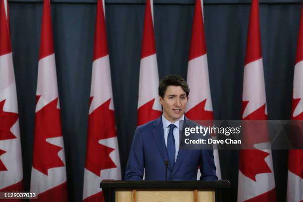 Canada's Prime Minister Justin Trudeau attends a news conference on March 7, 2019 in Ottawa, Canada. Prime Minister Trudeau and top aides have been...