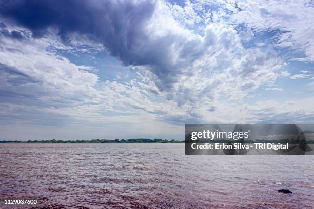 wide river and its archipelagos in the sky line  brown water - céu dramático stock pictures, royalty-free photos & images