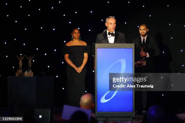 Commissioner of Baseball Robert D. Manfred Jr. Accepts his award during the 2019 Jackie Robinson Foundation Annual Awards Dinner on Monday, March 4,...