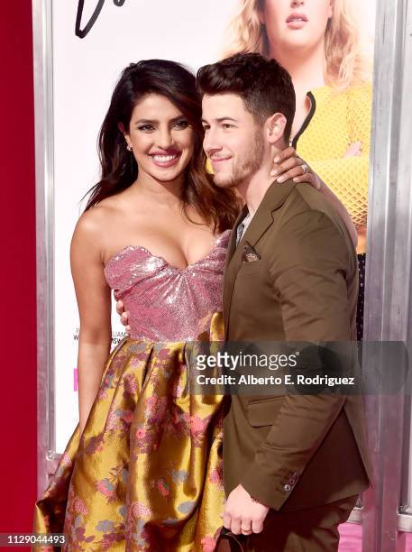 Priyanka Chopra and Nick Jonas attend the premiere of Warner Bros. Pictures' "Isn't It Romantic" at The Theatre at Ace Hotel on February 11, 2019 in...