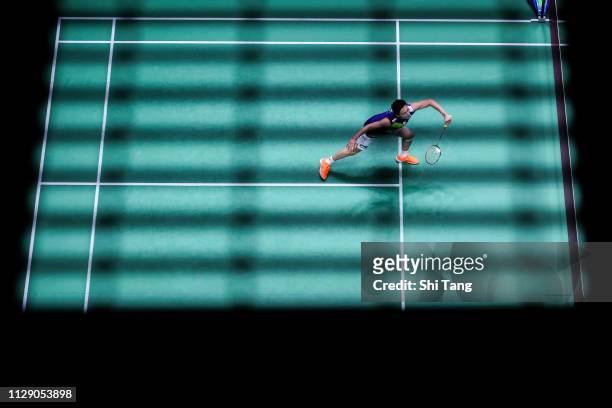 Kento Momota of Japan competes in the Men's Singles second round match against Kantaphon Wangcharoen of Thailand on day two of the Yonex All England...