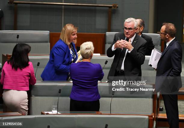 Independents Julia Banks, Cathy McGowan, Rebekha Sharkie, Kerryn Phelps, Andrew Wilkie and Adam Bandt speak after question time in the House of...