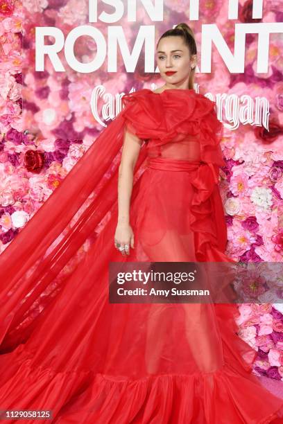 Miley Cyrus attends the premiere of "Isn't It Romantic" at The Theatre at Ace Hotel on February 11, 2019 in Los Angeles, California.