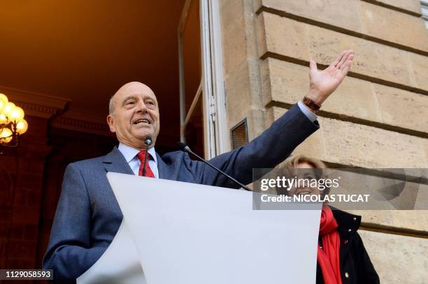 Alain Juppe gestures as he delivers his last speech to inhabitants at Bordeaux's city hall on March 7, 2019 in Bordeaux, southwestern France. - Alain...