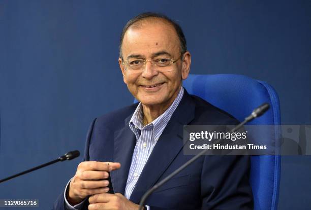 Union Minister Arun Jaitley briefs media on cabinet decisions at PIB Conference Hall, Shastri Bhawan on March 7, 2019 in New Delhi, India. The Union...