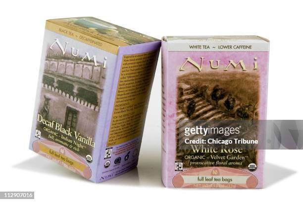 Numi's decaffeinated Black Vanilla Indian Night organic tea and White Rose Velvet Garden, a white tea, is available at Whole Foods Market.