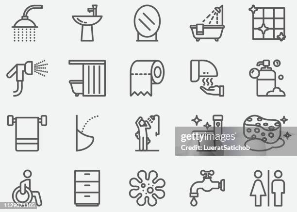 badezimmer und toilettenlinie icons - badezimmer stock-grafiken, -clipart, -cartoons und -symbole