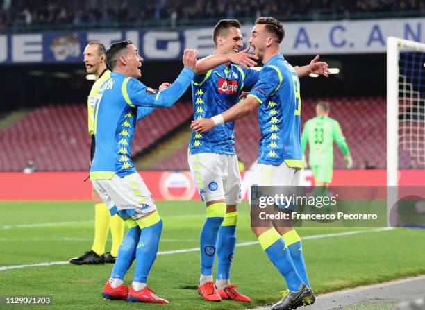 Fabian Ruiz, Jose Callejon, Arkadiusz Milik of SSC Napoli celebrate the 2-0 goal scored by Fabian Ruiz during the UEFA Europa League Round of 16...
