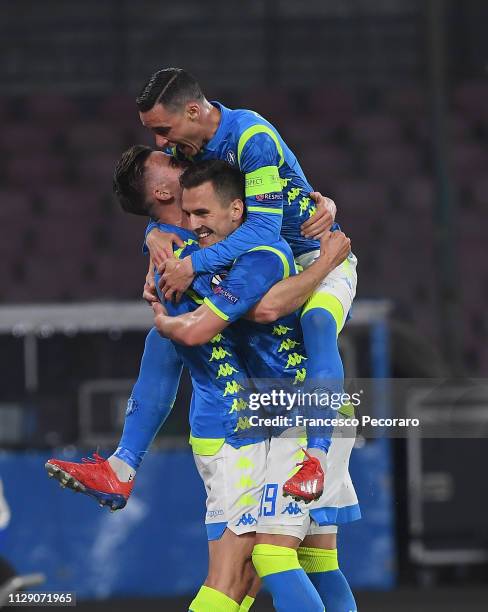 Arkadiusz Milik, Jose Callejon, Fabian Ruiz of SSC Napoli celebrate the 2-0 goal scored by Fabian Ruiz during the UEFA Europa League Round of 16...
