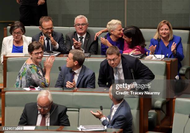 Independents Cathy McGowan, Adam Bandt, Andrew Wilkie, Kerryn Phelps, Julia Banks and Rebekha Sharkie celebrate passing the Medivac Bill in the House...