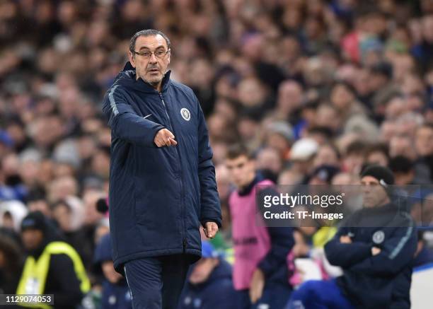 Head coach Maurizio Sarri of Chelsea gestures during the UEFA Europa League Round of 16 First Leg match between Chelsea and Dynamo Kyiv at Stamford...