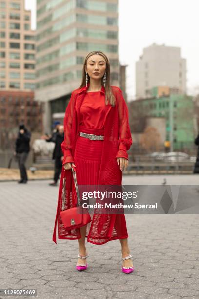 Jessica Wang is seen on the street during New York Fashion Week AW19 wearing Zimmermann on February 11, 2019 in New York City.