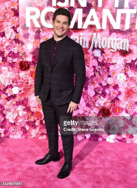 Adam Devine arrives at the Premiere Of Warner Bros. Pictures' "Isn't It Romantic" at The Theatre at Ace Hotel on February 11, 2019 in Los Angeles,...