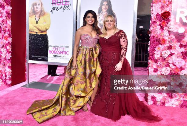 Priyanka Chopra and Rebel Wilson attends the premiere of Warner Bros. Pictures' 'Isn't It Romantic' at The Theatre at Ace Hotel on February 11, 2019...