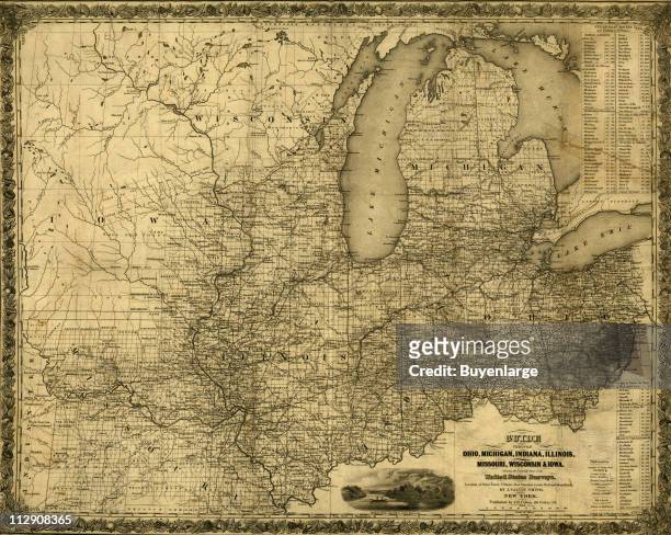 Map of Ohio, Michigan, Indiana, Illinois, Missouri, Wisconsin, & Iowa which shows rail, road, and steamboat routes, 1840. Illustration by J. Calvin...