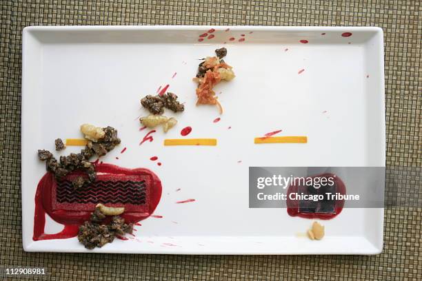 Presentation of raccoon meat resembling the scene of roadkill created by Moto executive chef Homaro Cantu, and Chris Jones, chef de cuisine, at their...