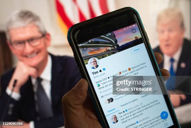 This March 7, 2019 photo illustration in Washington, DC shows the Twitter feed of Apple chief executive Tim Cook, who turned into "Tim Apple" on...