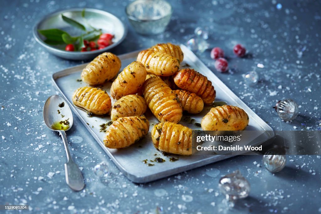 Roast potatoes on baking tray, Christmas food