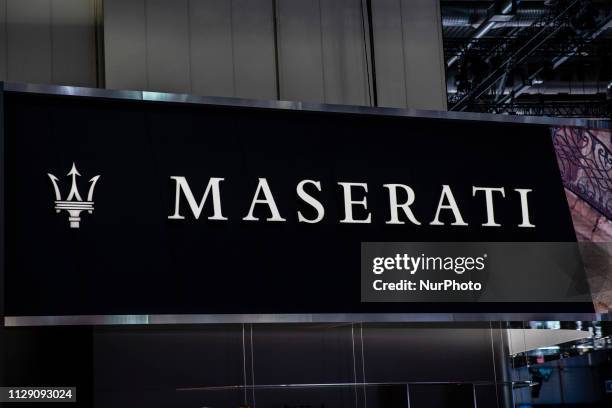 Maserati logo during the Geneva International Motor Show Gims in Geneva, Switzerland from 7 to 17 of March .