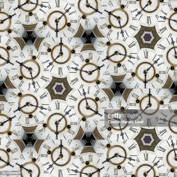 multiple image patterns of a vintage antique grandfather clock face with roman numeral numbers and hour and second hands. - 10 minutes ストックフォトと画像