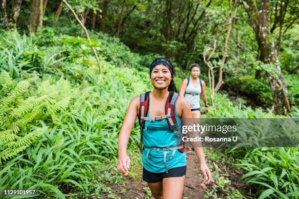 hikers on moanalua valley trail, oahu, hawaii - heavy rucksack stock pictures, royalty-free photos & images