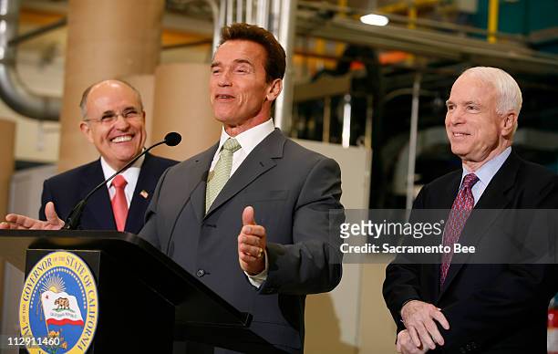 California Governor Arnold Schwarzenegger endorses Presidential hopeful John McCain, after a tour of Solar Integrated Technologies in Los Angeles,...