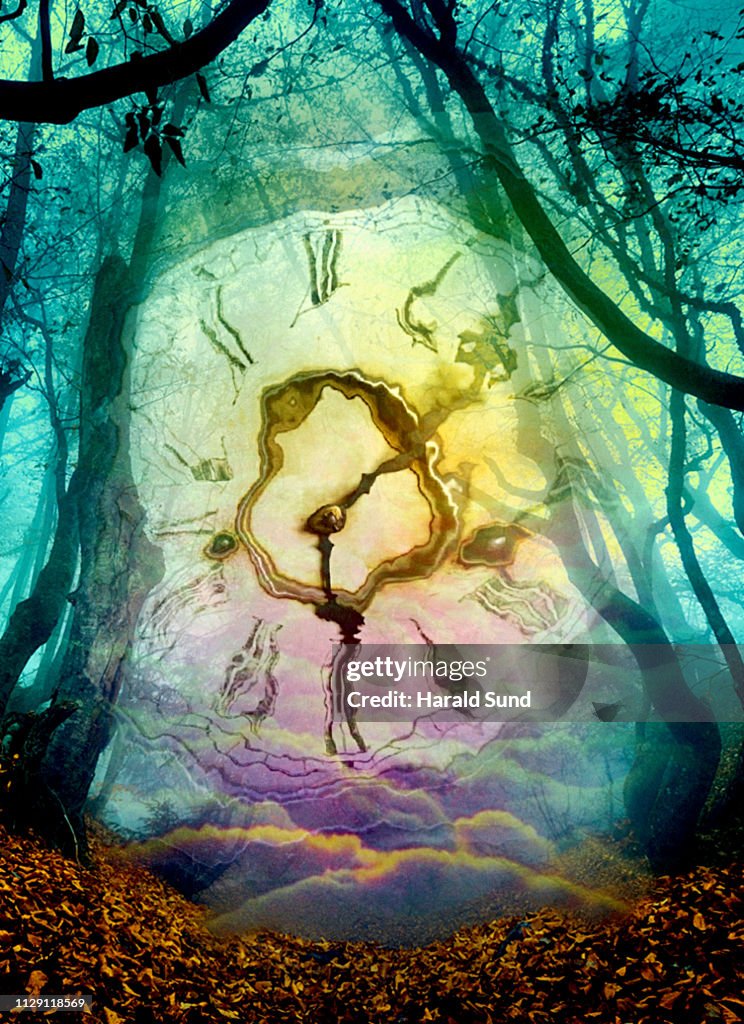 Distorted appearing vintage antique grandfather clock face with Roman numeral numbers and hour and second hands in a fantasy, surreal, dreamlike forest scene.