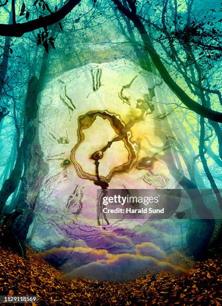 distorted appearing vintage antique grandfather clock face with roman numeral numbers and hour and second hands in a fantasy, surreal, dreamlike forest scene. - roman numeral 4 stock pictures, royalty-free photos & images