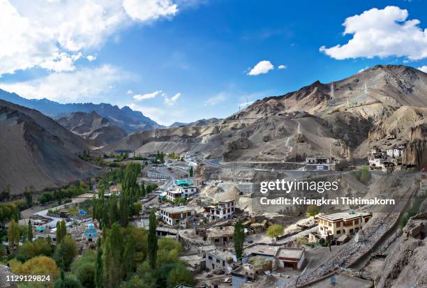 view of city around lamayuru monastery. - leh district stock-fotos und bilder