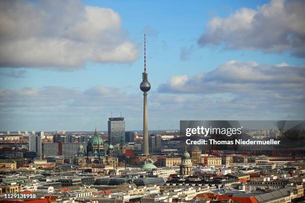 The Berliner Fernsehturm is seen across town from the 69th Berlinale International Film Festival on February 12, 2019 in Berlin, Germany.