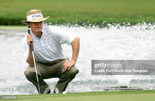 Briny Baird lines up his putt on the 9th green during the final round of the Crowne Plaza Invitational at Colonial on Sunday, May 25 in Fort Worth,...