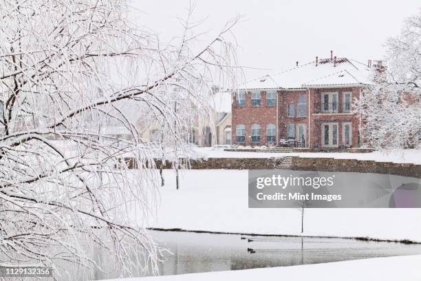 large home in snow storm - texas snow stock pictures, royalty-free photos & images