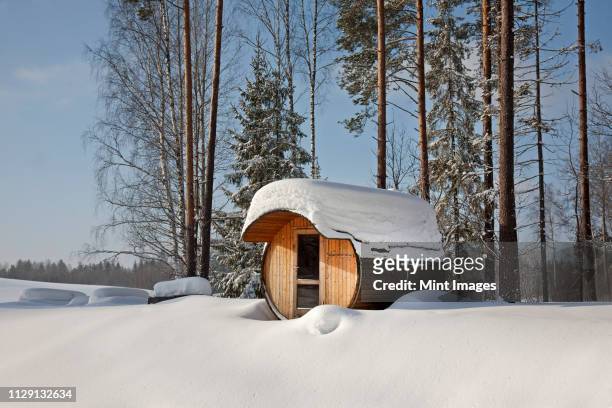 round barrel sauna in the snow - sauna winter foto e immagini stock