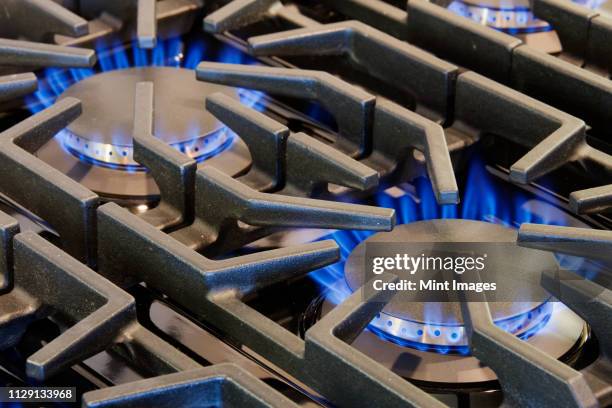 ignited gas burning on commercial stove - gas stove burner stockfoto's en -beelden