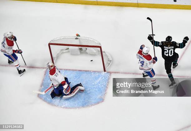 An overhead view as Marcus Sorensen of the San Jose Sharks scores a goal against Antti Niemi of the Montreal Canadiens at SAP Center on March 7, 2019...