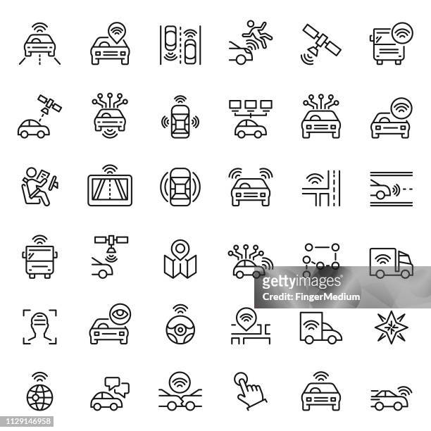 ilustraciones, imágenes clip art, dibujos animados e iconos de stock de conjunto de iconos de coche autónomo - sensor