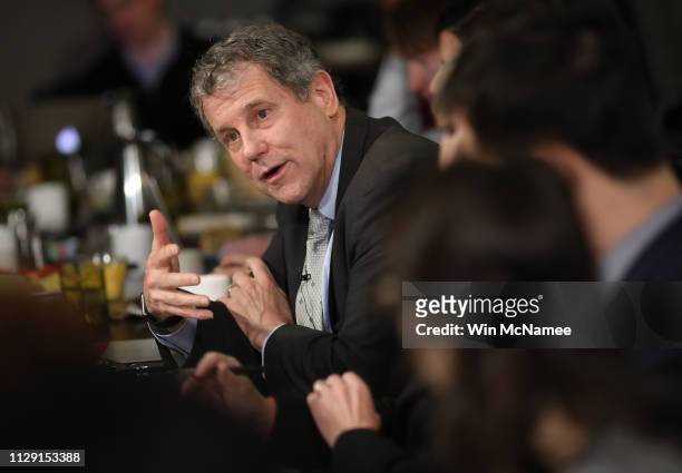 Sen. Sherrod Brown answers questions during a breakfast roundtable February 12, 2019 in Washington, DC. Brown, a potential Democratic presidential...
