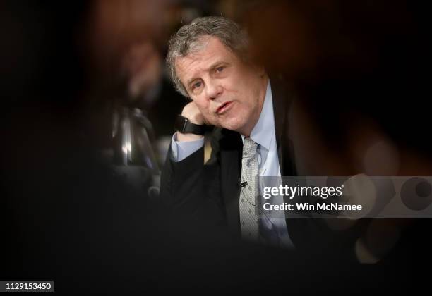 Sen. Sherrod Brown answers questions during a breakfast roundtable February 12, 2019 in Washington, DC. Brown, a potential Democratic presidential...